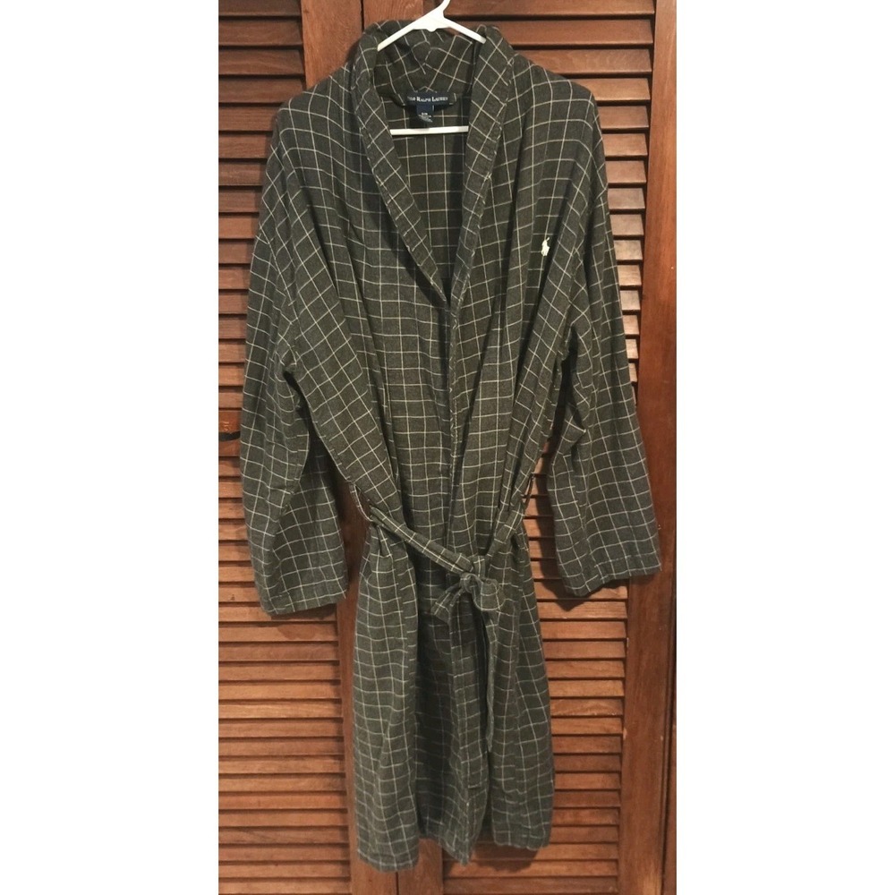 POLO Ralph Lauren Robe Sz S/M Gray Knit Shawl Collar Monogram Belted Cotton